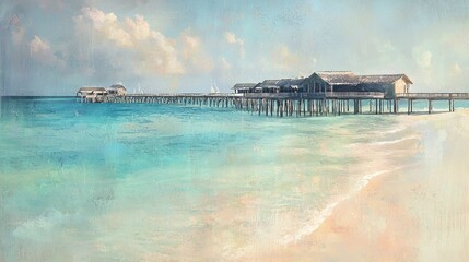 Fototapeta premium Tropical overwater bungalows on a pier over turquoise ocean.