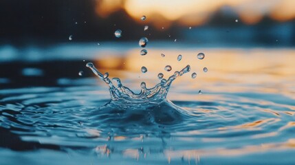 Water droplet impact creating a splash and ripples at sunset.