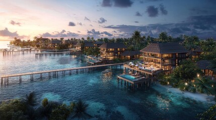Naklejka premium Tropical island resort at sunset with overwater bungalows and private pools.