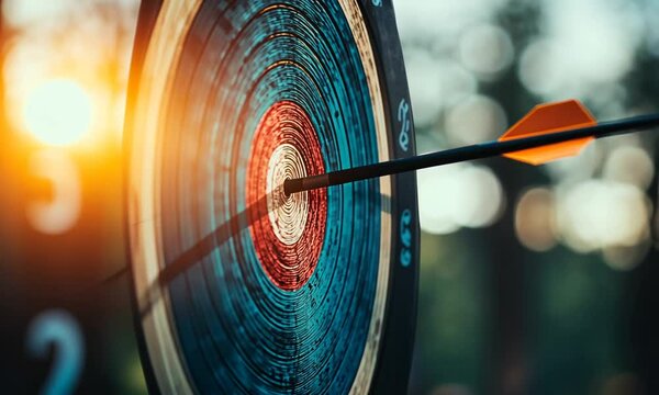An arrow embedded in the center of a colorful archery target.