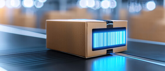 Supply chain management logistics technology. A modern delivery box with a glowing barcode on a conveyor belt.