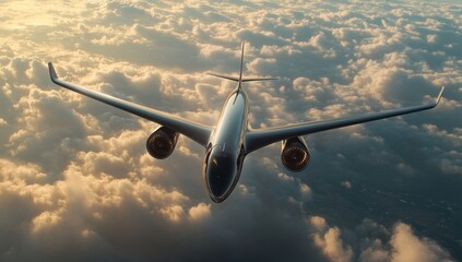 Airplane flying above clouds at sunset. (3)