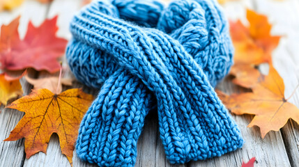 Cozy blue knitted scarf on autumn leaves, perfect for fall fashion and lifestyle blogs.  Warm and inviting seasonal image.