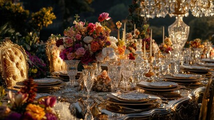 Luxurious outdoor table setting with floral arrangements, crystal glassware, and golden chairs at sunset.