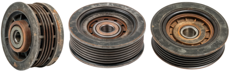 Three rusty automotive pulleys isolated with transparent background