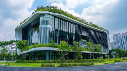 Fototapeta premium Eco-friendly building modern city sustainable glass building Ecology concept Office building with green environment