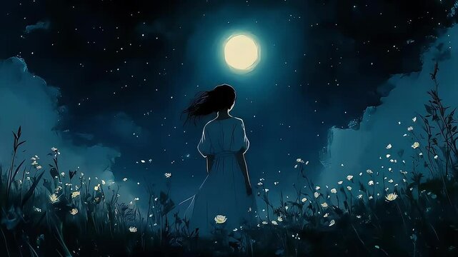 A serene night scene with a young woman gazing at the moon.