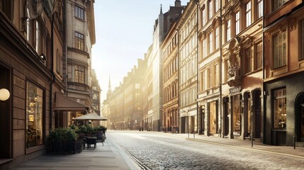 Sunlit cobblestone street with historic buildings and cafe.