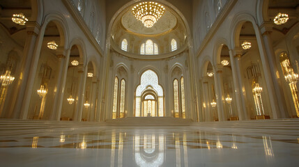 Obraz premium Luxurious interior view of grand hall with chandeliers and arched windows reflecting serene ambiance : Generative AI