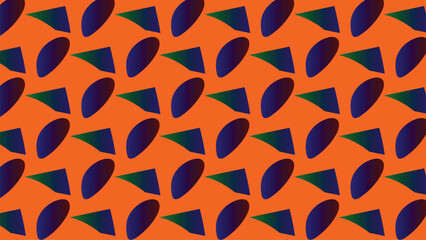 Seamless geometric pattern with dark blue ovals and triangles on an orange background.  Modern abstract design for textile, wallpaper, or packaging.