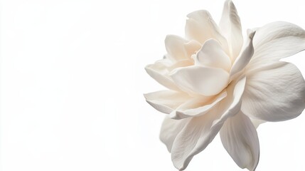 Fototapeta premium A detailed shot of a soft white gardenia with its creamy, velvety petals and subtle color, isolated white background