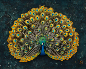 Majestic Indian peacock displaying its vibrant, iridescent plumage.  A stunning overhead shot showcasing intricate feather details.