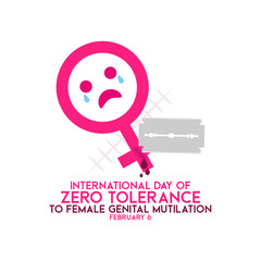 International Day of Zero Tolerance to Female Genital Mutilation. Sad female symbol character with razor. White background. February 6. Poster, banner, card, background.