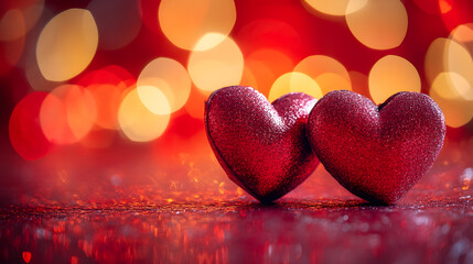 Obraz premium Romantic Glittering Heart Decoration with Red Bokeh Lights for Valentines Day Design : Generative AI