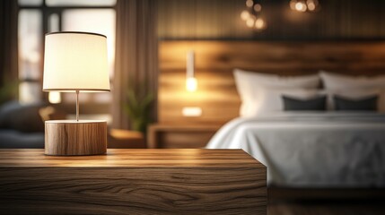 Table-top view of beside table or nightstand on blurred cozy night ambiance at hotel room with bokeh background. Empty wooden table for product display and customization