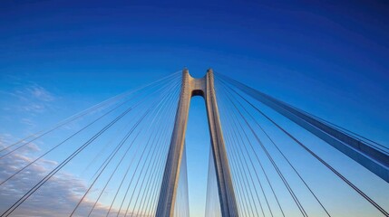 Obraz premium A photo of a bridge taken from a low angle with a blue sky in the background. represents civil engineering
