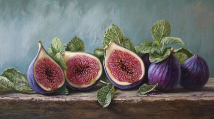 Still life of halved and whole figs with leaves on wood.