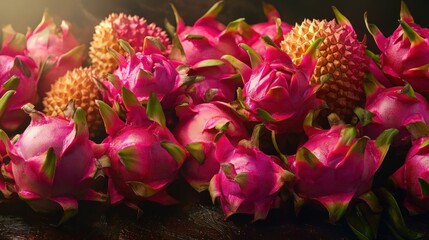 Fresh pink dragon fruit and rambutan pile.