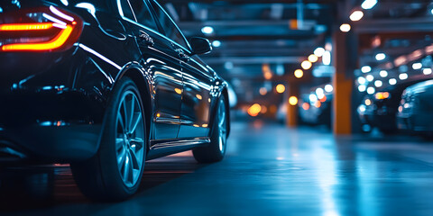 Sleek Black Car in Modern Urban Underground Parking Garage with Dramatic Lighting Effects : Generative AI