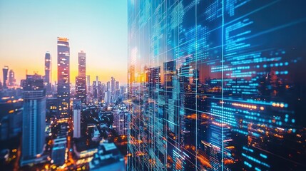 Cityscape sunset with digital code overlay.