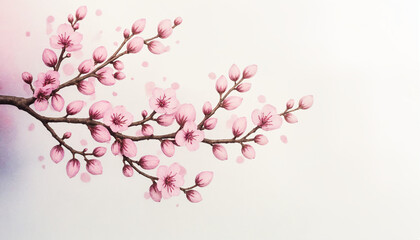 Watercolor cherry blossom branch with pink flowers on white background with copy space
