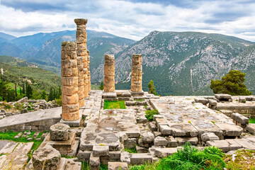The ancient ruins of the Temple of Apollo, also known as the Apollonion, at Delphi, Greece.	