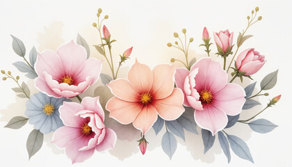 Elegant floral bouquet illustration with pink flowers on white background with copy space