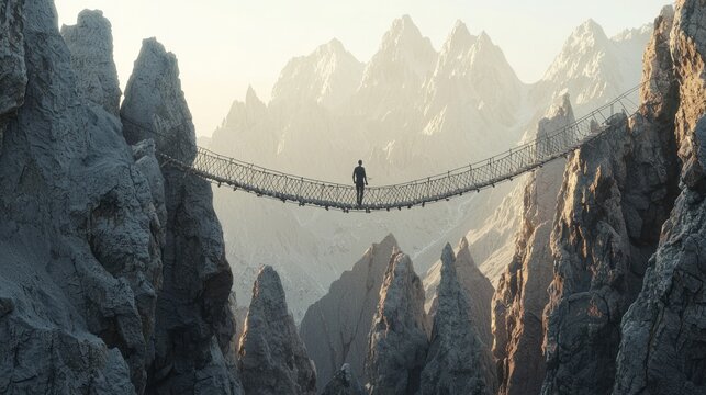 Fototapeta Man crossing a rope bridge between high mountains.