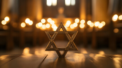 Illuminated Star of David on Wooden Table with Glowing Lights in Background : Generative AI