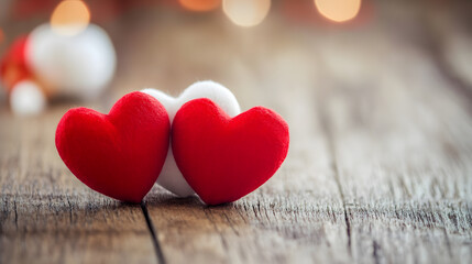 Fototapeta premium Pair of red felt hearts on rustic wooden surface with bokeh background : Generative AI