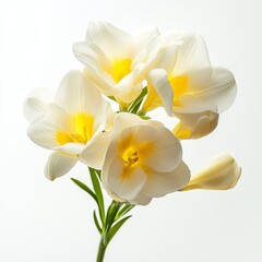 Close-up of a cluster of creamy white freesia flowers with yellow centers, isolated on a white background.
