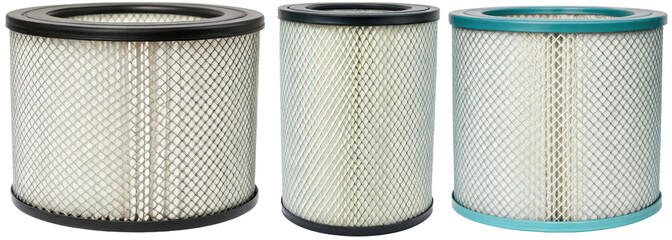 Three cylindrical air filters isolated with transparent background