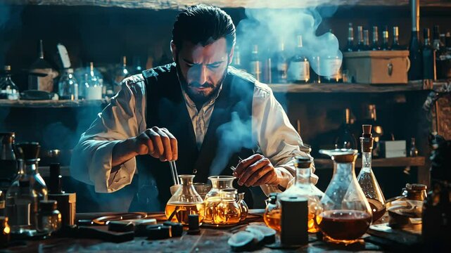 The Mysterious Alchemist at Work in a Dimly Lit Lab Filled with Smoke and Bottles
