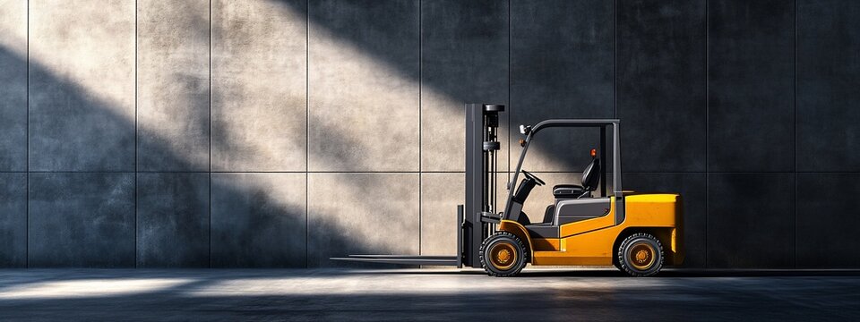 Yellow forklift against a grey concrete wall.