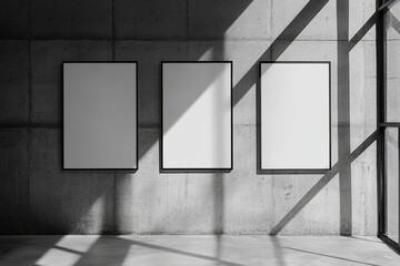 Three blank posters on a concrete wall with sunlight streaming through a window.
