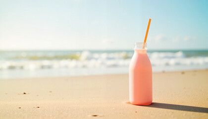 Pink Beach Smoothie in Glass Bottle Against Ocean Waves