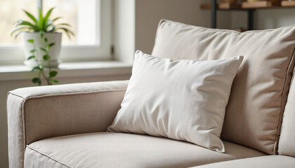 Cozy Beige Sofa with Soft Pillows in Contemporary Living Space