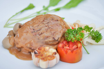 beef steak in gravy sauce or barbecued beef or grilled beef and vegetable