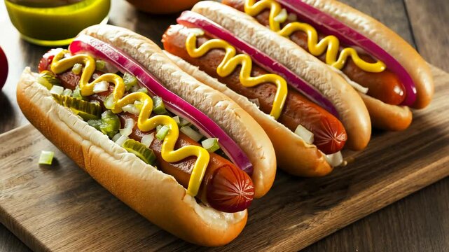Colorful hot dogs with toppings served on a wooden platter at a summer barbecue gathering