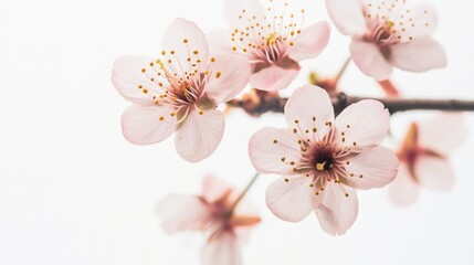 A detailed shot of delicate cherry blossoms in full bloom, isolated white background, minimalistic art style