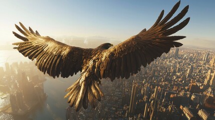 Obraz premium Majestic eagle soaring over a sprawling cityscape at sunrise.
