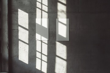 Two blank canvases on a concrete wall with window light and shadows.