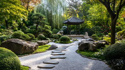 Traditional Japanese Zen Garden with Stone Path and Lush Green Foliage in Serene Environment : Generative AI