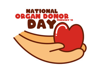 National Organ Donor Day on white background. Flat design vector. February 14. Hand drawn hand giving heart. Doodle. Poster, banner, card, background.