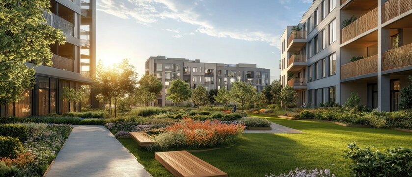 Innovative mixed-use development, terraced design with public green spaces, modern urban living, pedestrian-friendly pathways
