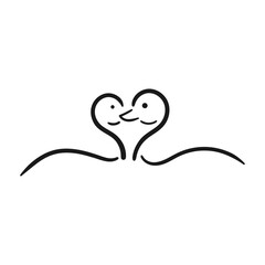 Hand drawn outline of a pair of swans forming a heart. Couple. Line art. Doodle.