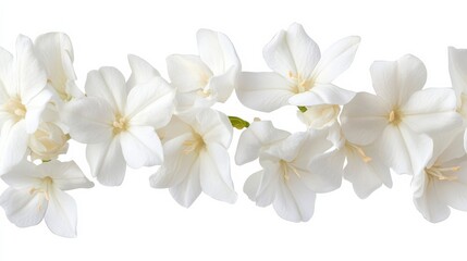 A detailed shot of delicate white jasmine flowers with their fragrant blossoms, isolated white background, minimalistic art style