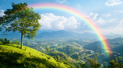 Serene landscape photography showcasing a vibrant rainbow arching over lush green hills, a solitary tree, and a distant village. Ideal for travel, nature, and serenity themes.