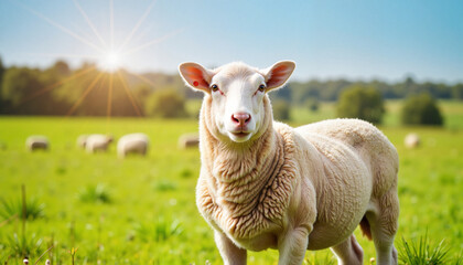 Obraz premium Curious Sheep in Sunlit Green Pasture