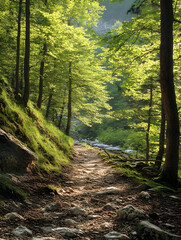 Fototapeta premium Serene Forest Pathway with Lush Greenery and Sunlight Filtering Through Trees : Generative AI